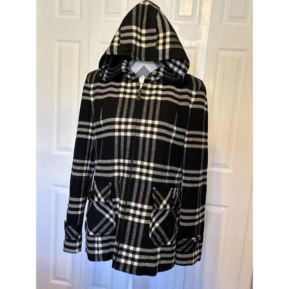 Black White Plaid Jacket Hoodie Giacca Gallery Large Soft Lined Back Yoke - Picture 5 of 9